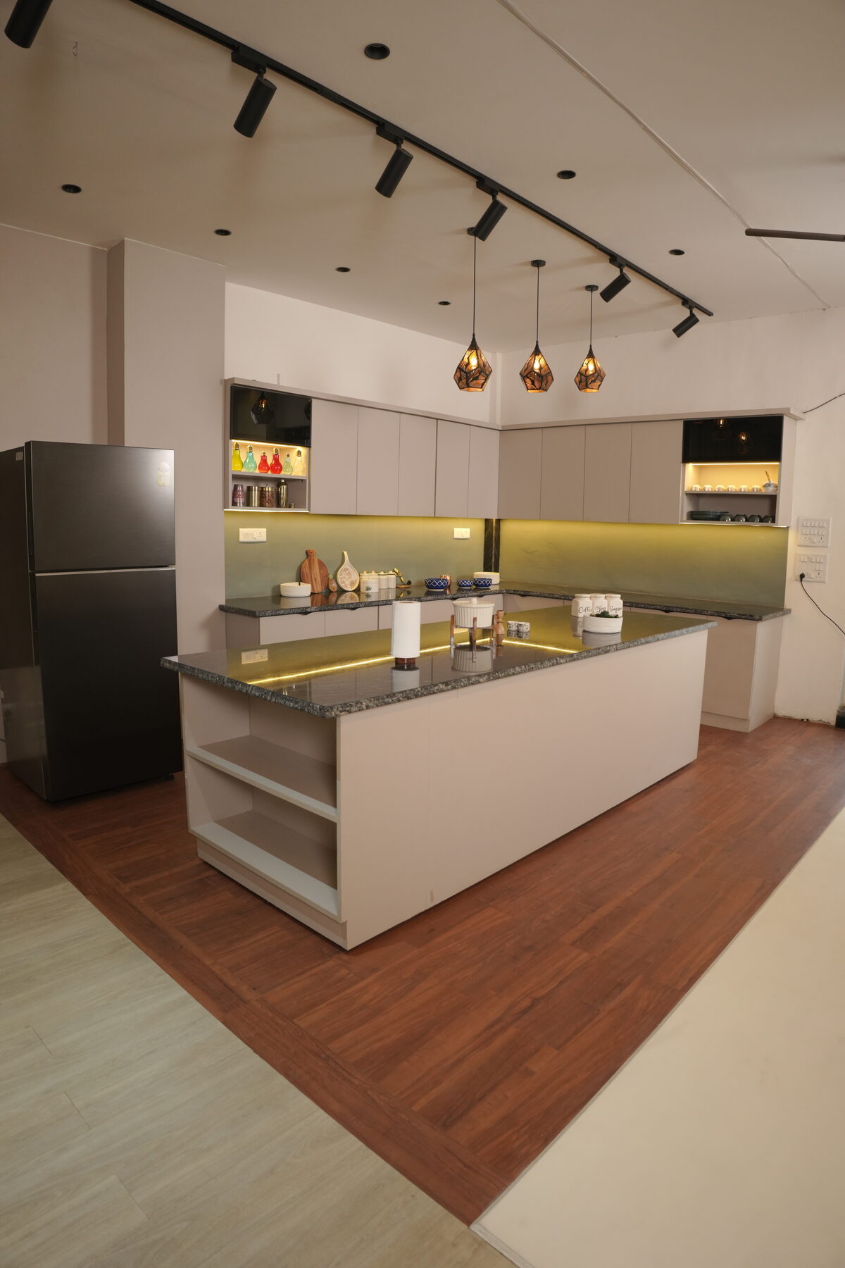 The kitchen island and counter run