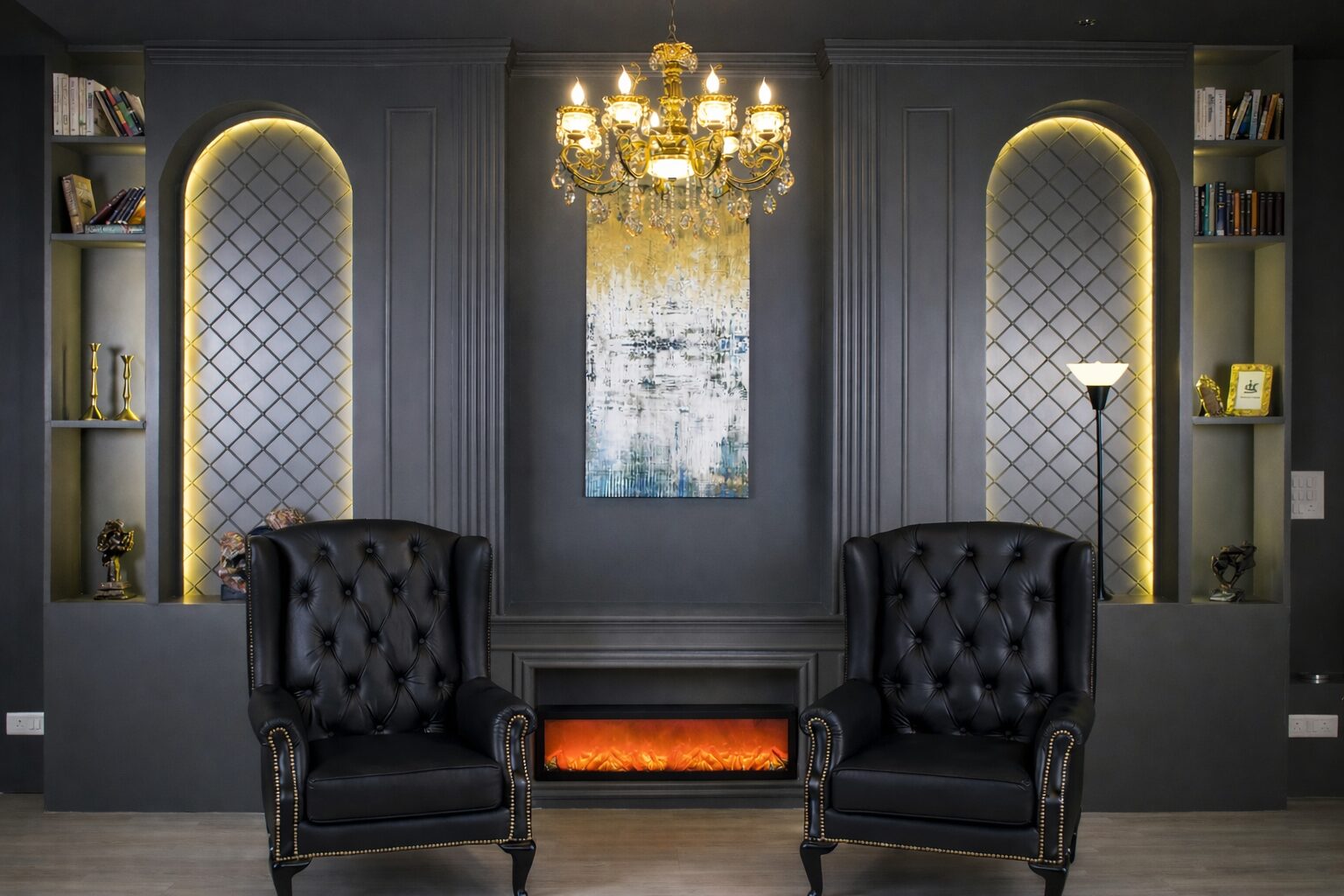 The Monarch — dark panelled wall, fireplace and chesterfields